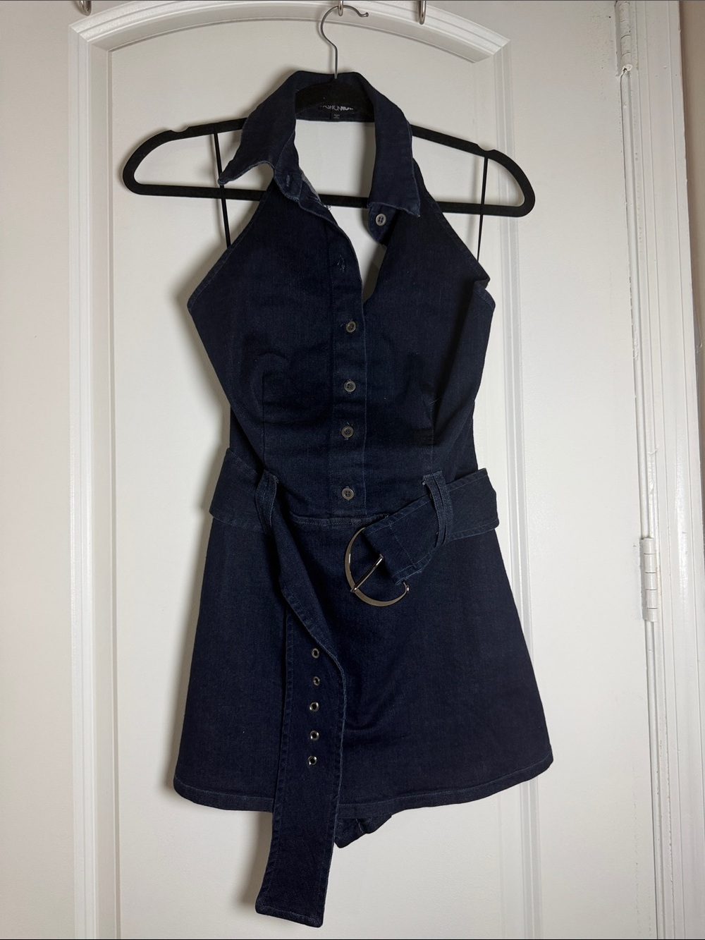 Fashion Nova Dark Blue Denim Halter Belted Romper